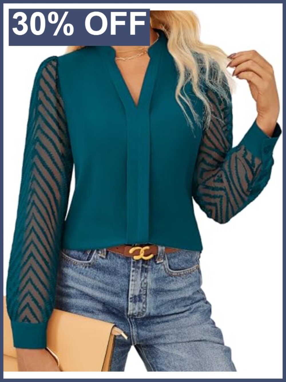 Sheer Lace Puff Sleeve V-Neck Blouse Office Wear